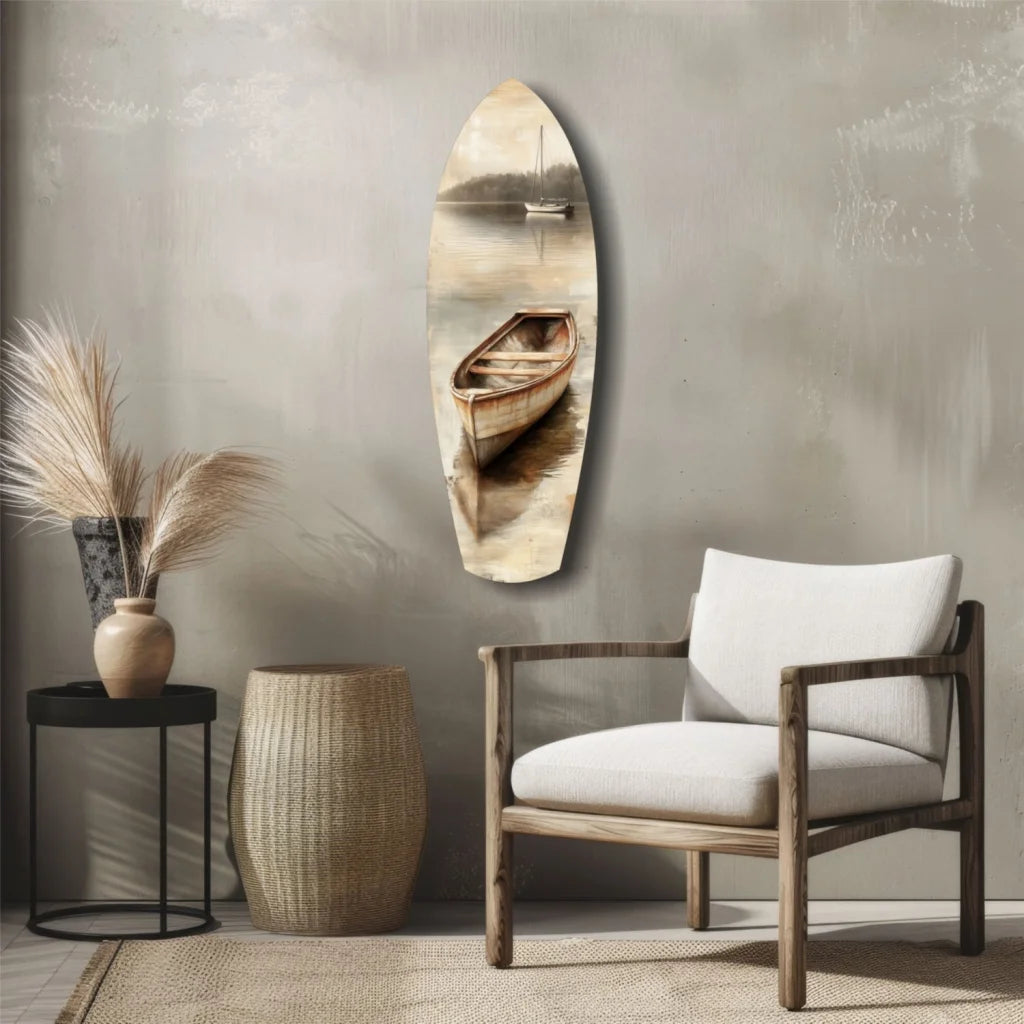Serene boat scene on oval tempered glass art