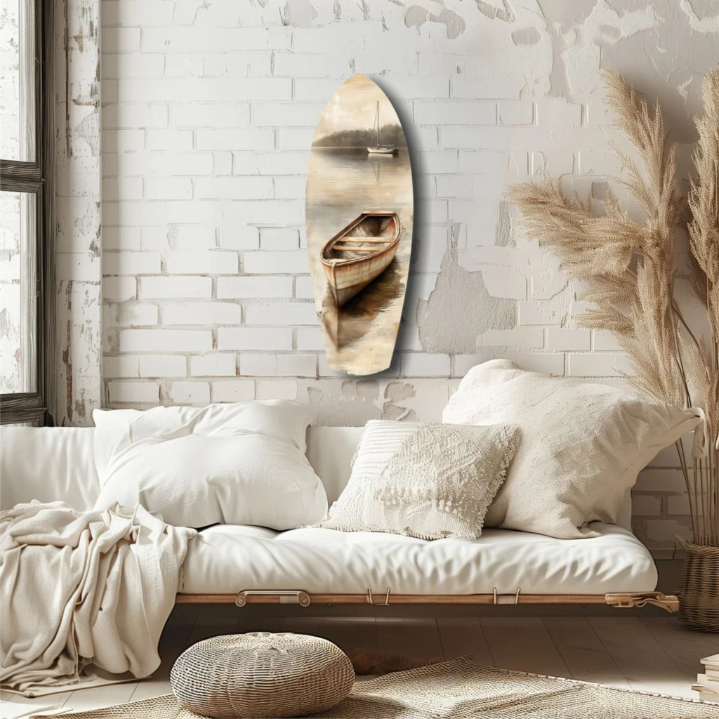 Serene boat scene on surfboard tempered glass art