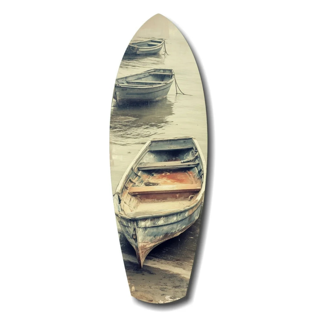Vintage Surfboard Tempered Glass Art with Weathered Boats Scene | Insigneart USA | vintageantiquesgifts.com