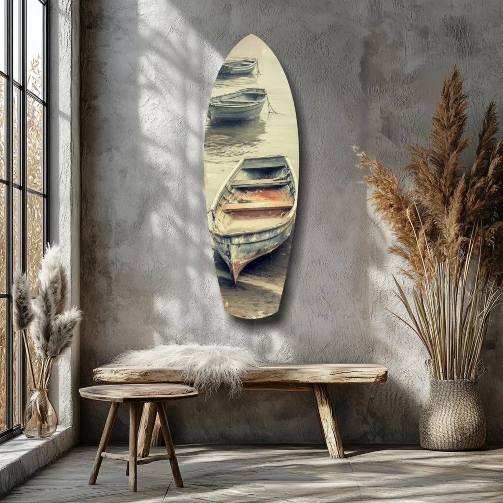 Vintage surfboard tempered glass art with weathered boats scene