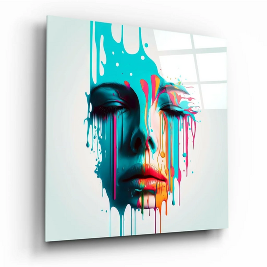 Vibrant dripping paint face glass wall art canvas print