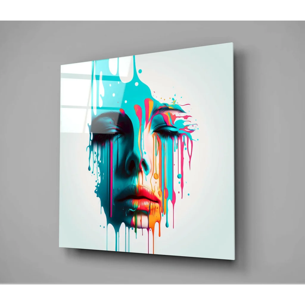 Vibrant colorful dripping paint face on glass wall art