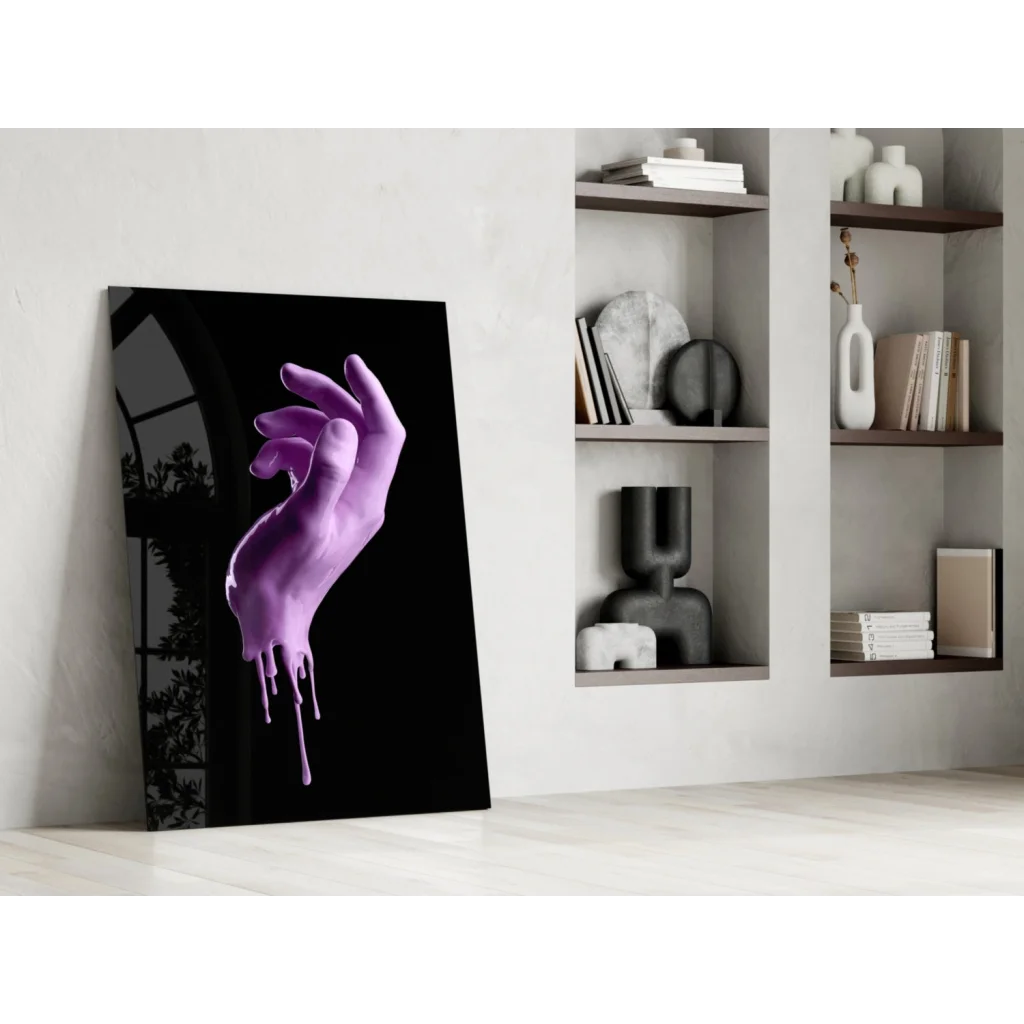 Dripping purple hand glass wall art sculpture on black background
