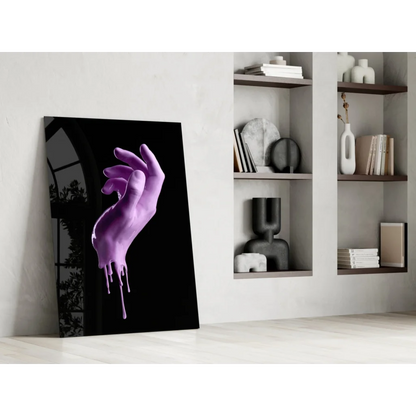 Dripping purple hand glass wall art sculpture on black background