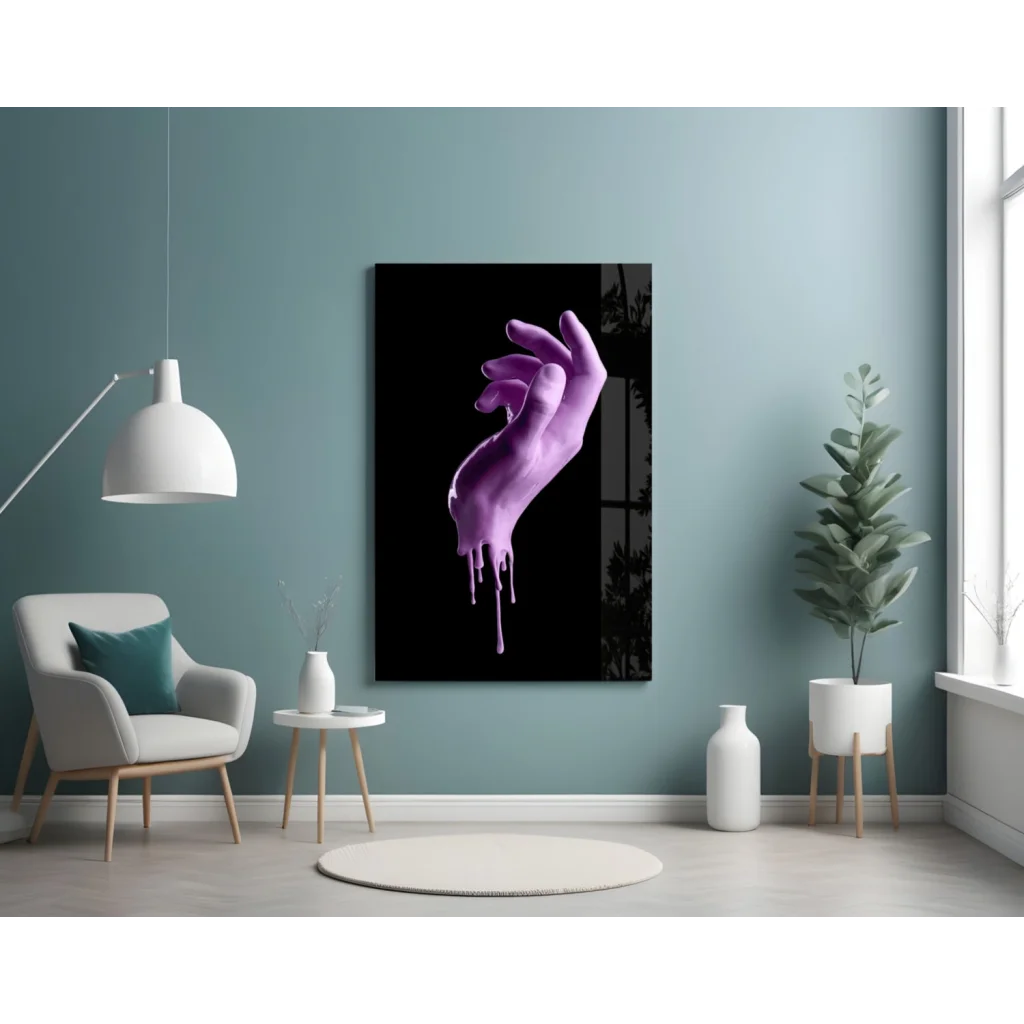 Dripping purple hand glass wall art sculpture with modern canvas effect