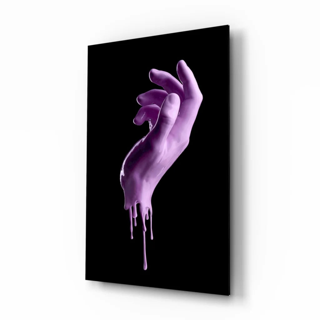 Dripping purple hand glass wall art sculpture on black background