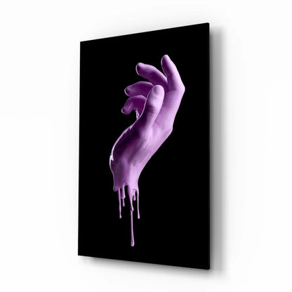 Dripping purple hand glass wall art sculpture on black background