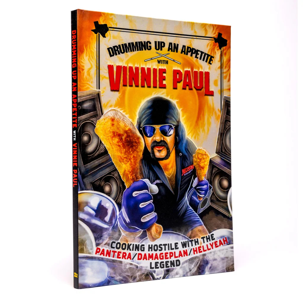 Cookbook cover with cartoon Vinnie Paul Abbott holding fried chicken, standard edition