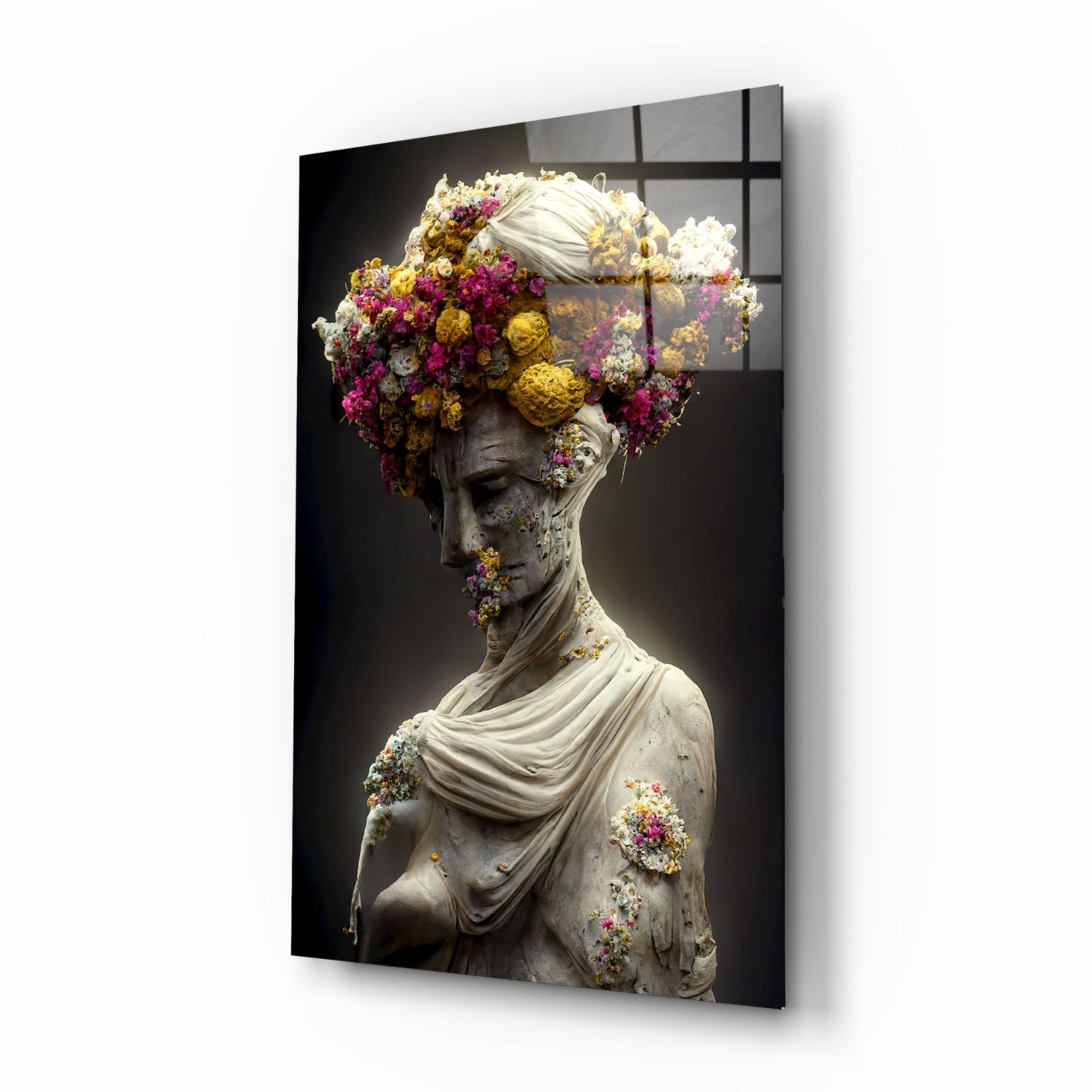 Classical stone bust adorned with vibrant purple, yellow, and white flowers against dark background on glass panel.