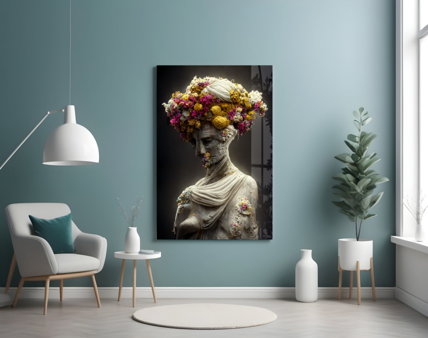 Classical stone statue with colorful floral crown and shoulder details displayed on teal wall in modern interior setting.