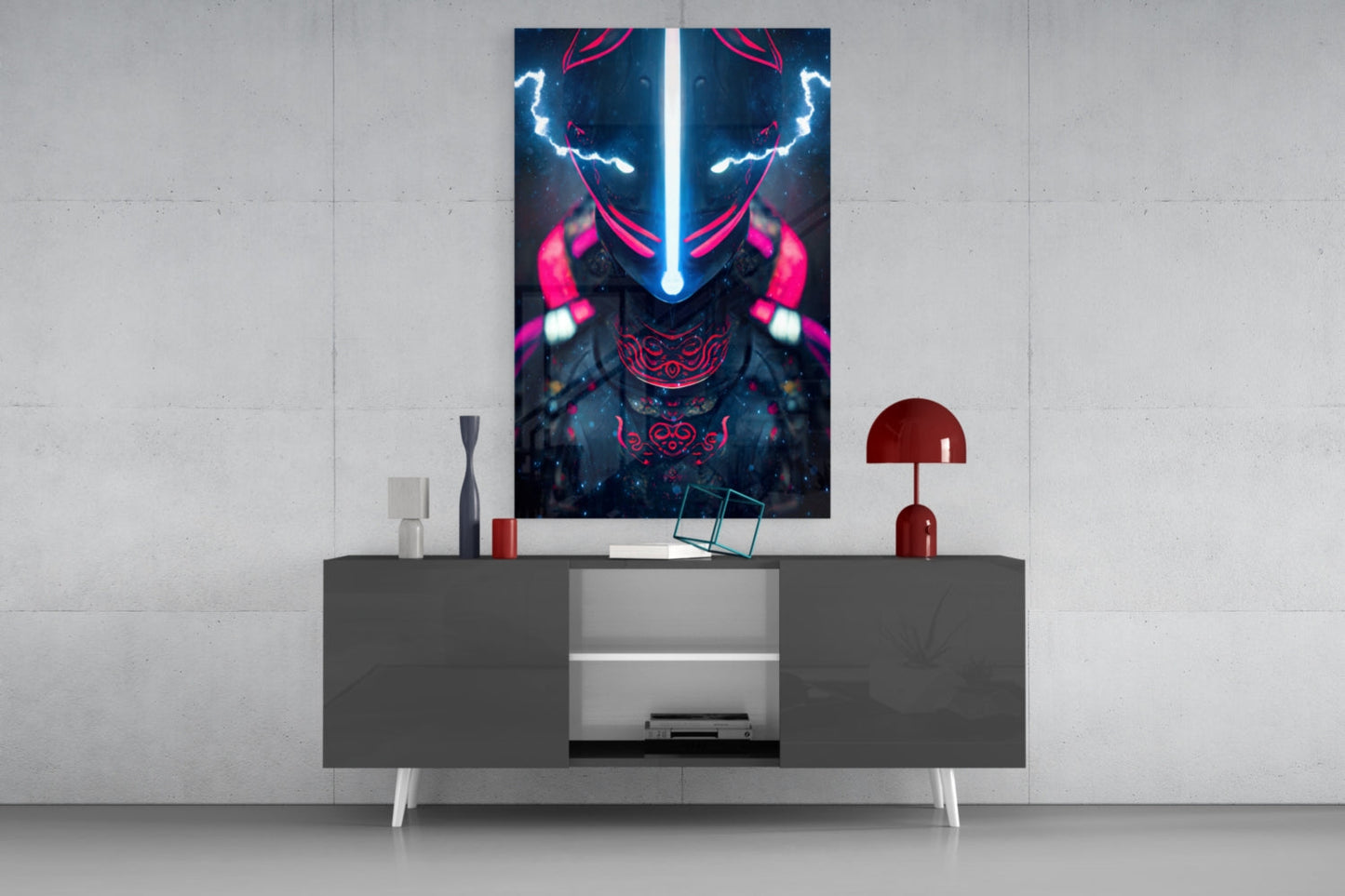Thunder Fighter Glass Wall Art displayed on a light gray wall above a dark console table with red and white decorative accessories.