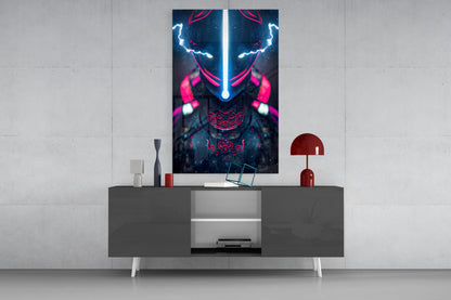 Thunder Fighter Glass Wall Art displayed on a light gray wall above a dark console table with red and white decorative accessories.