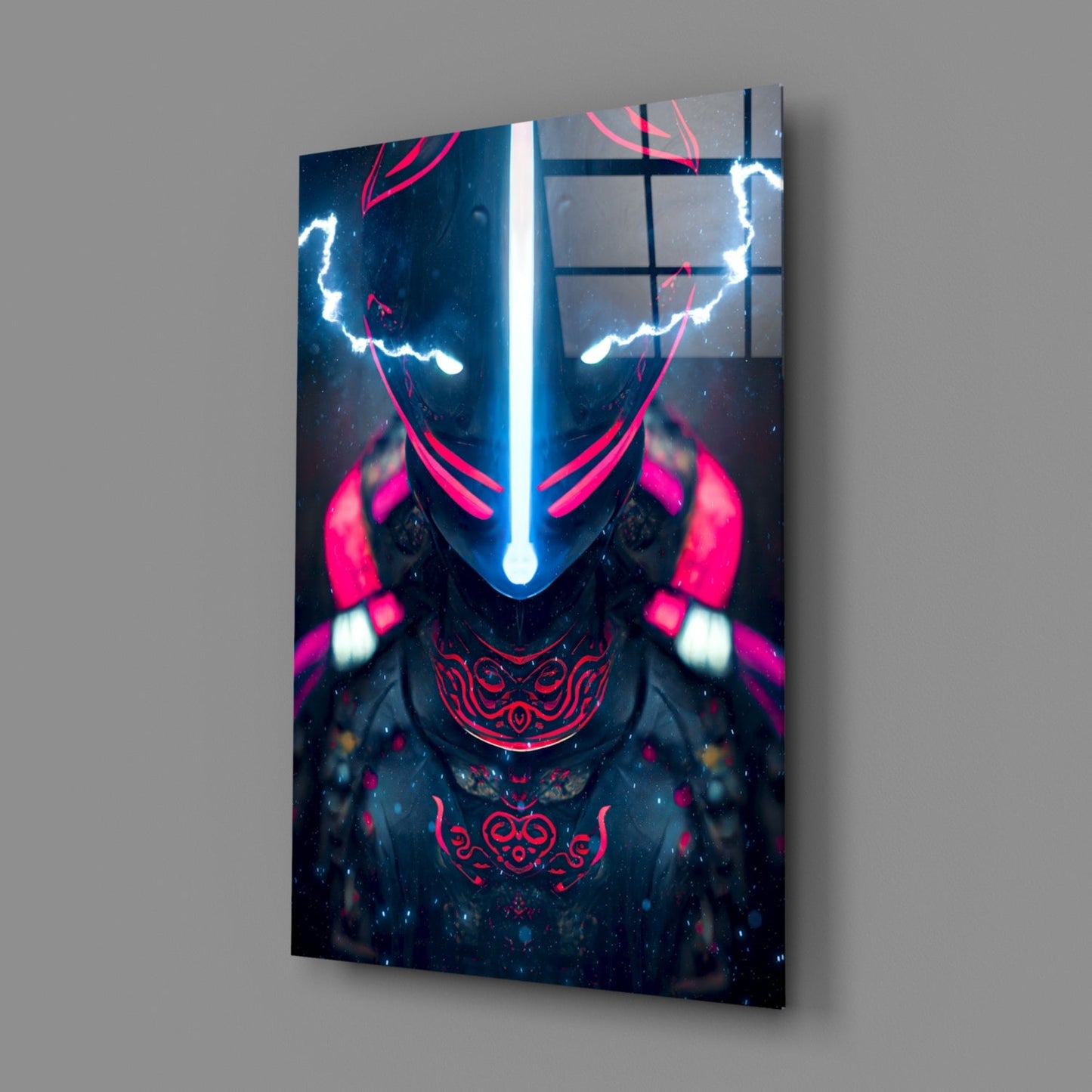 Angled perspective view of glass wall art displaying neon blue and pink lightning effects on dark figure with ornate red patterns.
