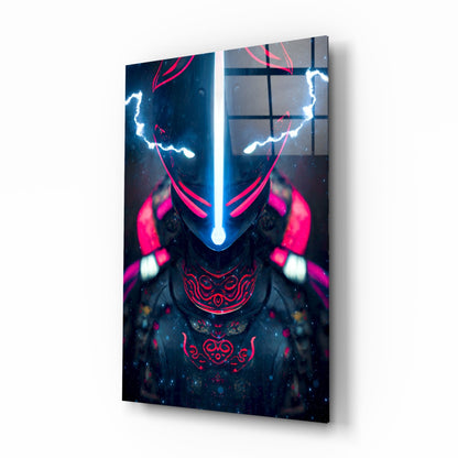 Angled perspective view of glass wall art displaying symmetrical neon design with glowing white lightning, pink curved lines, and red ornamental patterns on dark background.