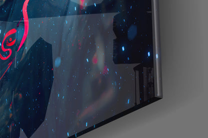 Angled side view of Thunder Fighter Glass Wall Art displaying neon red logo and blue particle effects against dark background on mounted glass panel.