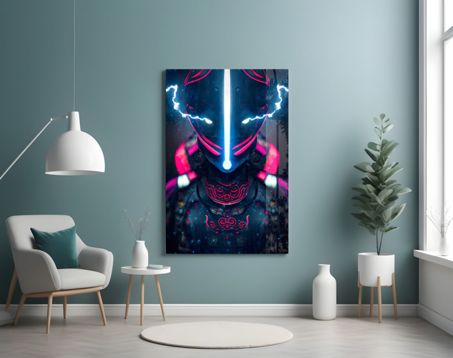 Thunder Fighter Glass Wall Art displayed on a teal wall above a white chair, showing neon blue and pink glowing figure design.