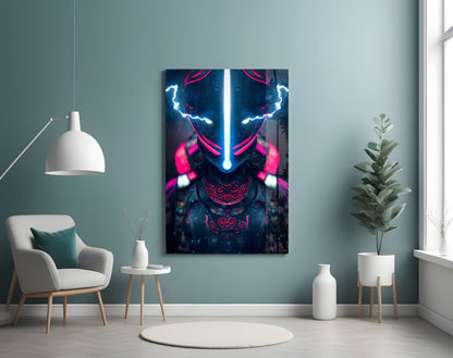 Thunder Fighter Glass Wall Art displayed on a teal wall above a white chair, showing neon blue and pink glowing figure design.