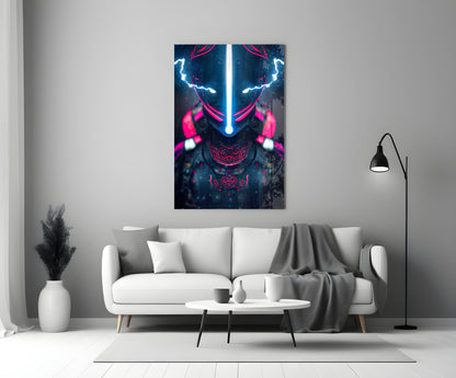 Thunder Fighter Glass Wall Art displayed on white living room wall above gray sofa, featuring neon pink and blue lightning design.