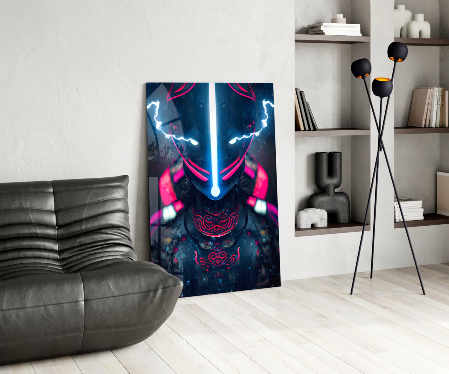 Neon-lit warrior face glass art displayed in modern living room with gray sofa and shelving.