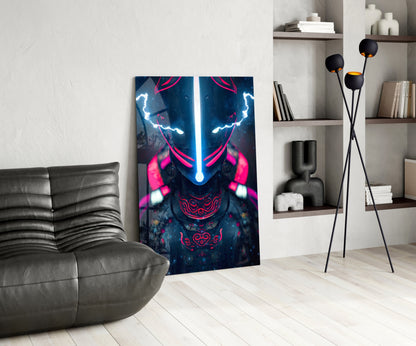 Neon-lit warrior face glass art displayed in modern living room with gray sofa and shelving.