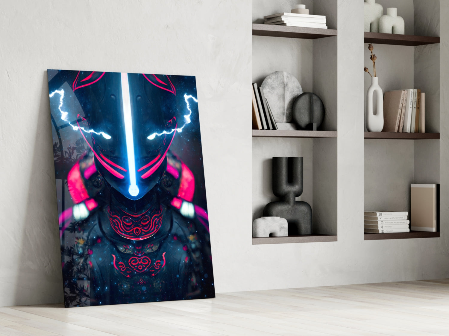 Thunder Fighter Glass Wall Art leaning against white wall beside shelving unit, displaying neon blue and pink glowing design on dark background.