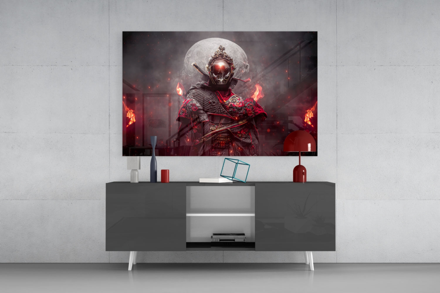 Modern living room interior featuring Fire Fighter Glass Art displayed on wall above gray media console with decorative accessories and red accents.