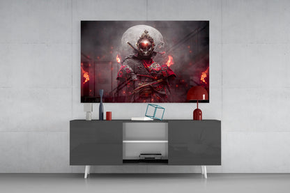 Modern living room interior featuring Fire Fighter Glass Art displayed on wall above gray media console with decorative accessories and red accents.