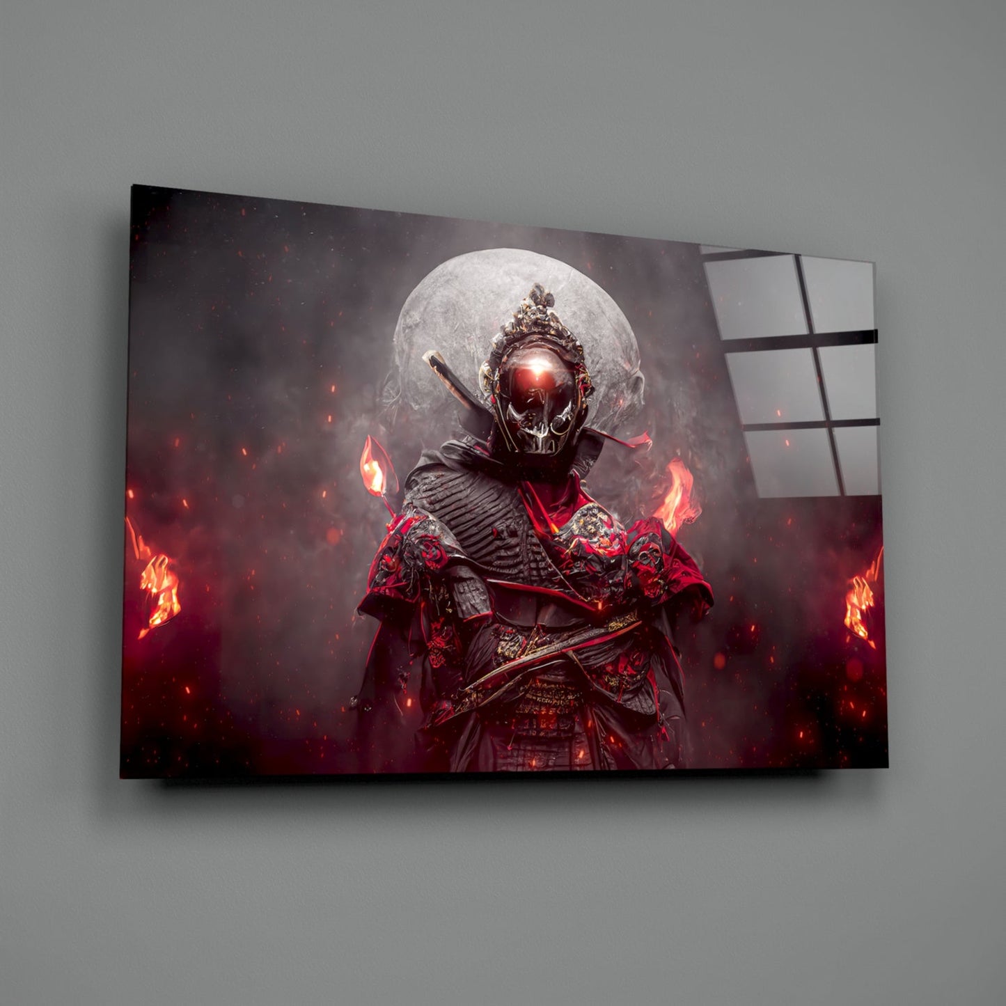 Mounted glass art panel displaying an armored skeleton warrior with glowing red eyes against a full moon, surrounded by red flames and embers.