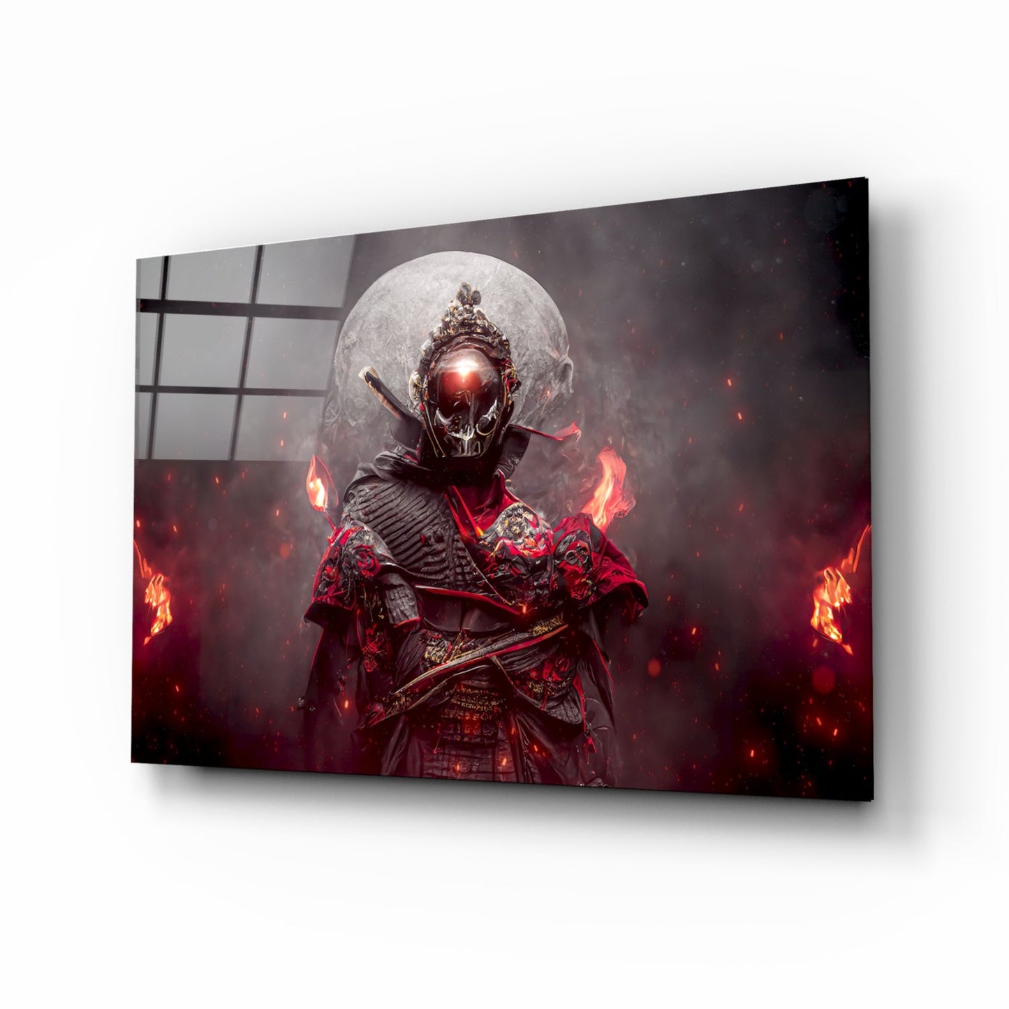 Angled perspective of glass art panel displaying armored skeletal warrior figure with glowing red eyes and flames, mounted on wall.