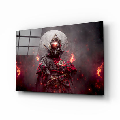 Angled perspective of glass art panel displaying armored skeletal warrior figure with glowing red eyes and flames, mounted on wall.