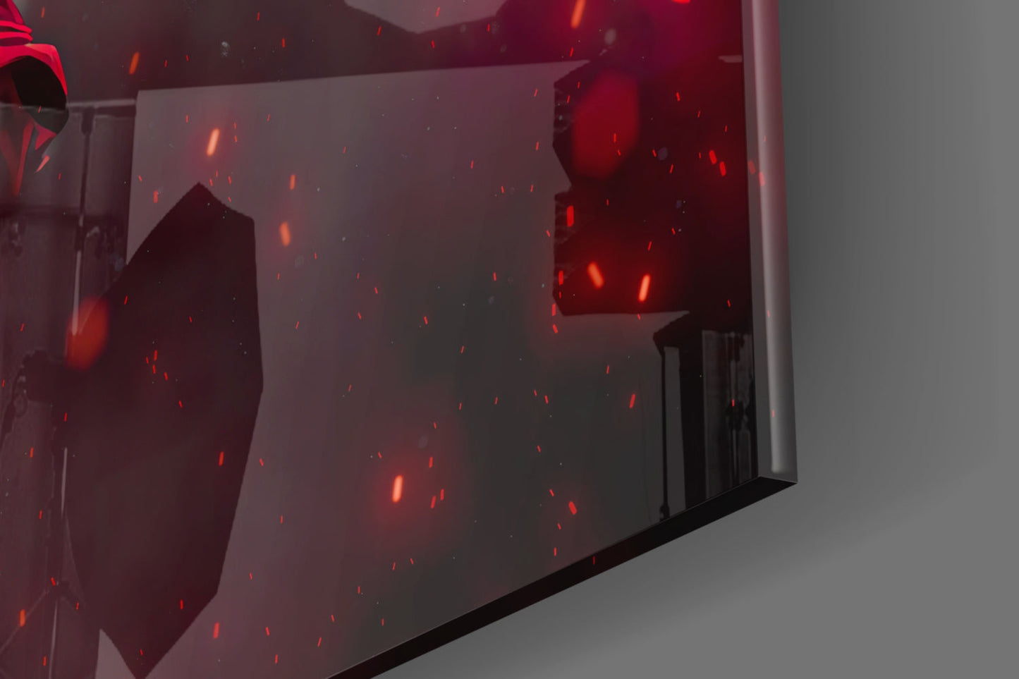Red and orange glowing embers fall against dark translucent glass panels with black frame detail, interior view.