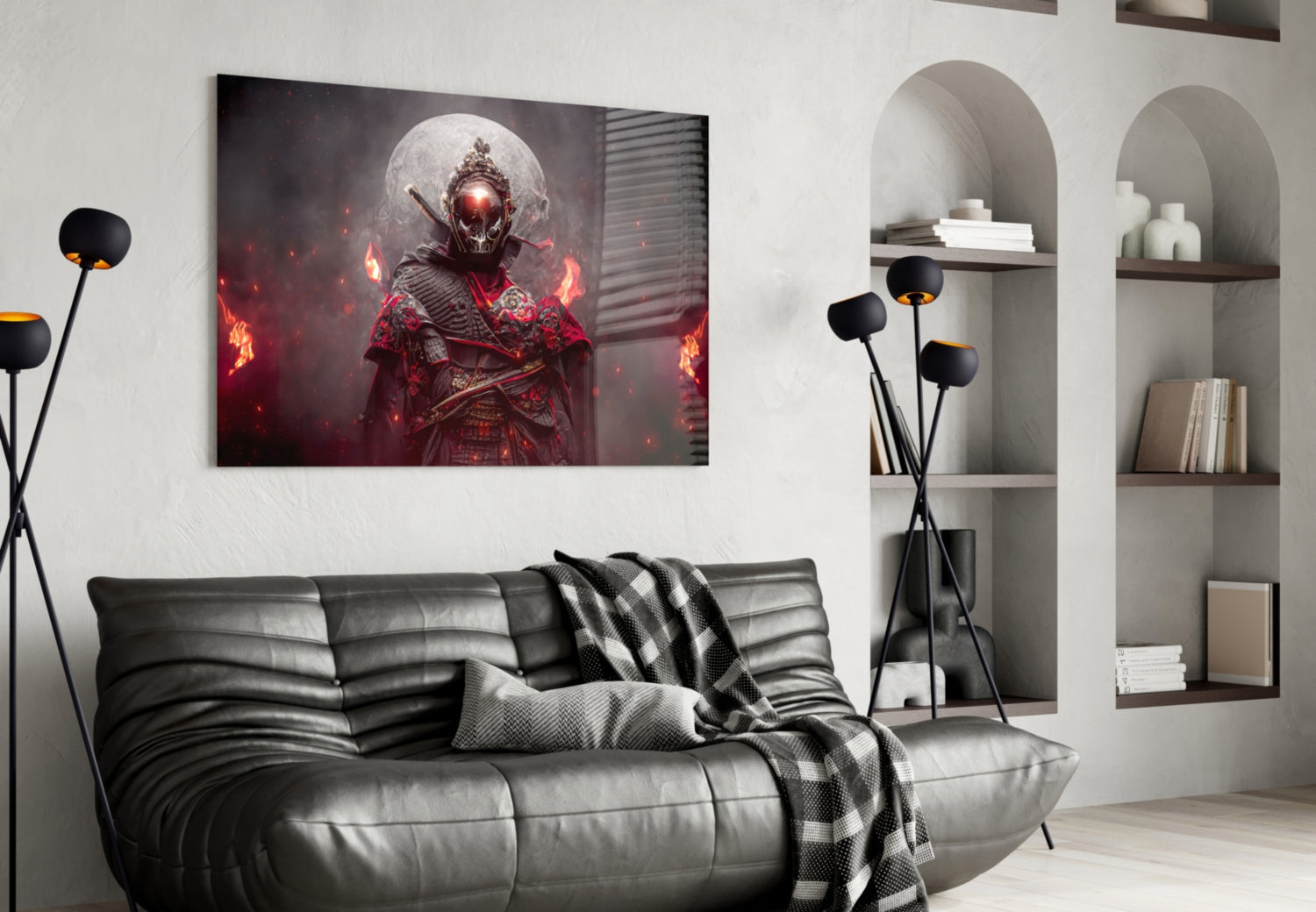 Modern living room interior featuring a framed glass art print of a skeletal warrior figure with glowing red eyes and flames, displayed above a gray leather sofa.