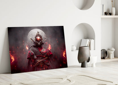 Fire Warrior glass art leaning against white wall in minimalist room setting, displaying glowing red armor and moon backdrop.