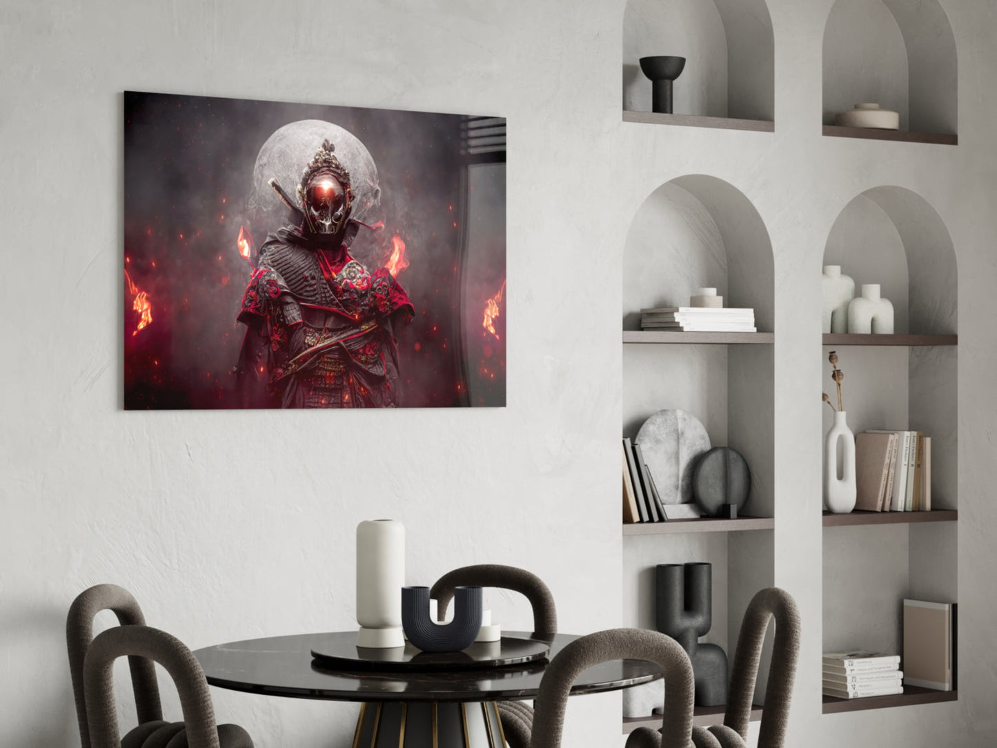 Fire Warrior glass art mounted above dining table, depicting skeletal figure in red armor with glowing eyes and flames against dark background.
