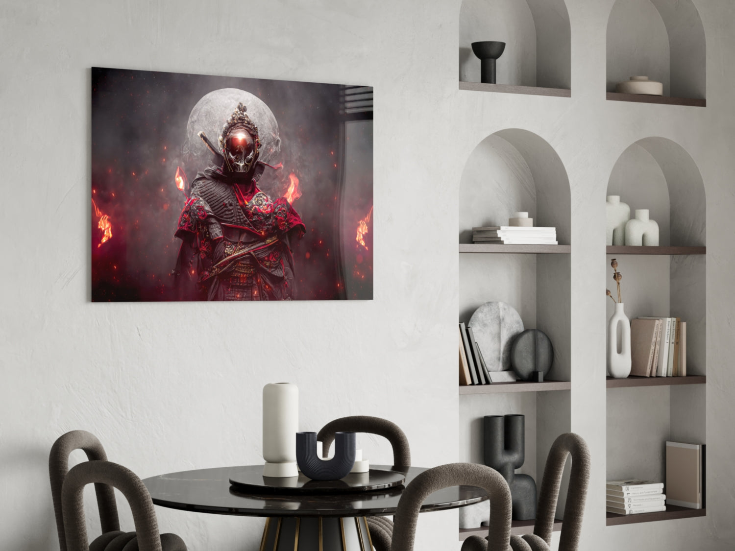 Fire Warrior glass art mounted above dining table, depicting skeletal figure in red armor with glowing eyes and flames against dark background.