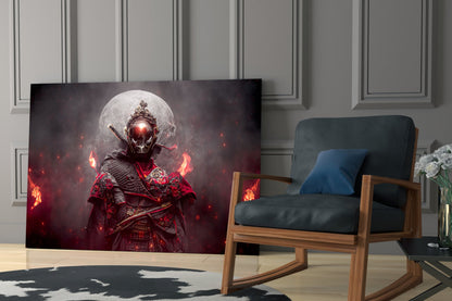 Fire Warrior glass art displayed on easel in modern living room beside wooden chair with dark cushions.