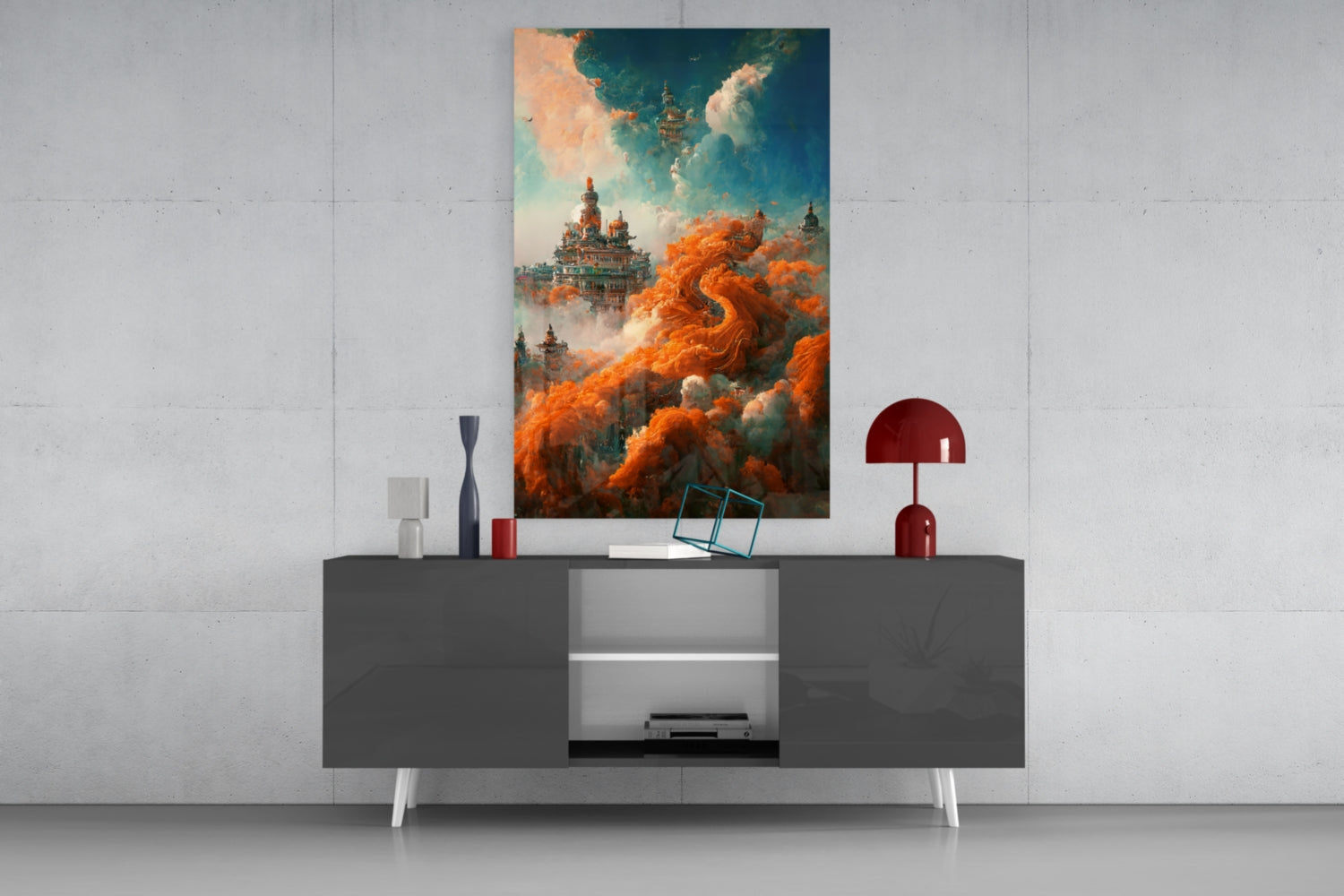 Dream Castle Glass Art displayed above a gray media console with red lamp and decorative objects against white wall.