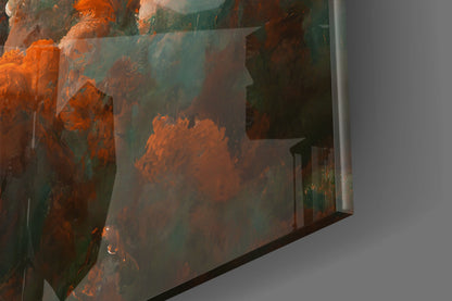 Close-up angle of layered glass art showing orange and teal brushstrokes with dimensional glass panels casting shadows.