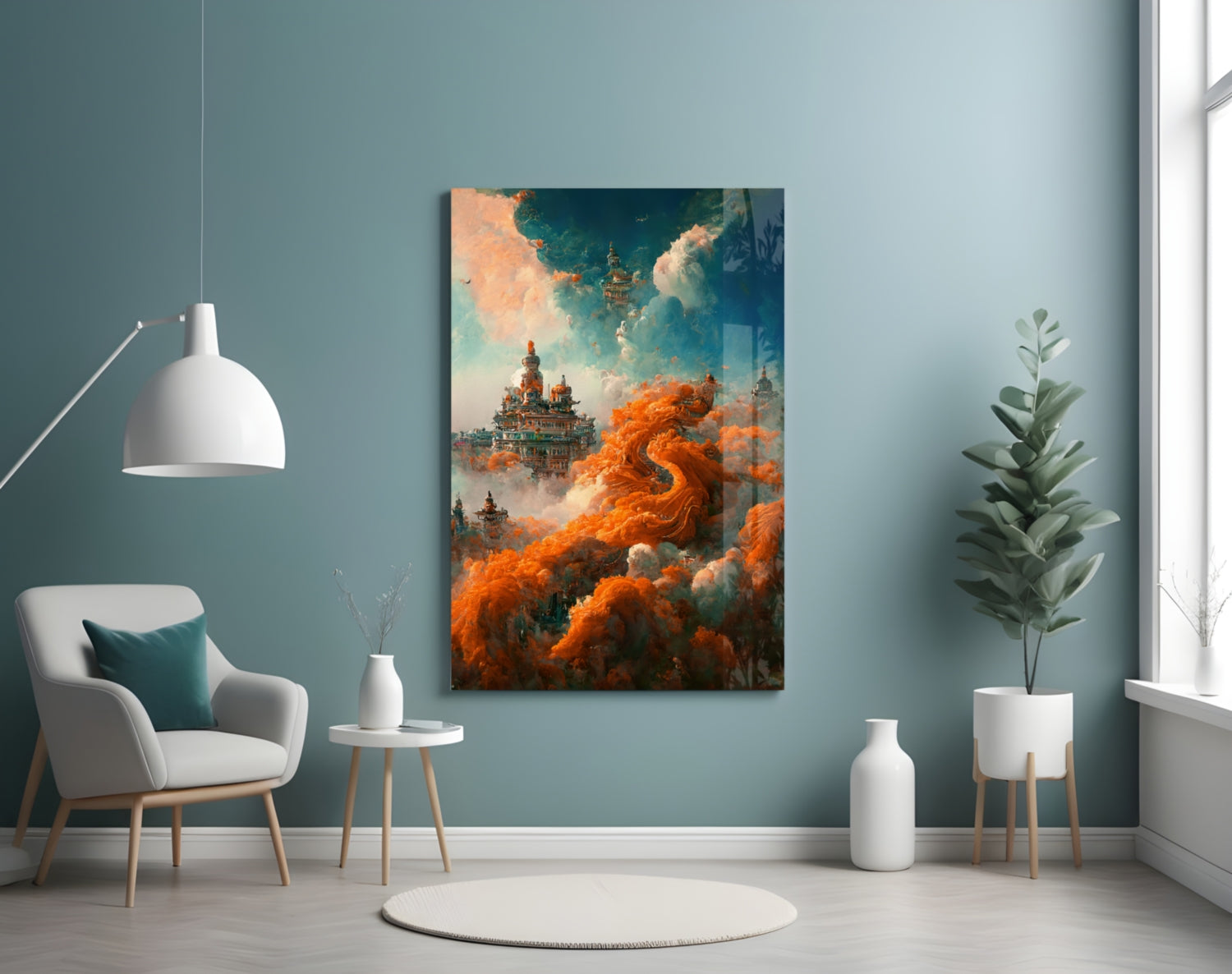Dream Castle Glass Art mounted on teal wall above white chair, depicting orange dragon and ornate palace in clouds.
