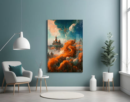 Dream Castle Glass Art mounted on teal wall above white chair, depicting orange dragon and ornate palace in clouds.