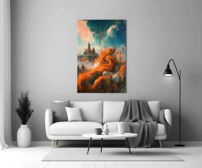 Dream Castle Glass Art mounted above white sofa in minimalist living room setting with orange clouds and architectural elements visible.