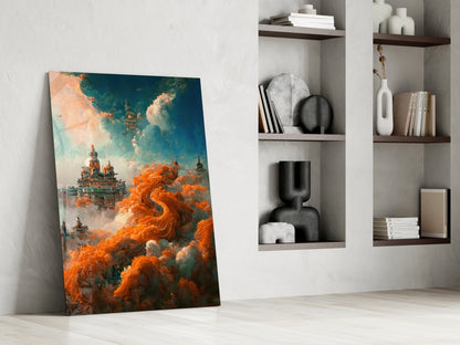 Dream Castle glass art leaning against white wall beside shelving unit, featuring orange clouds and ornate towers under teal sky.
