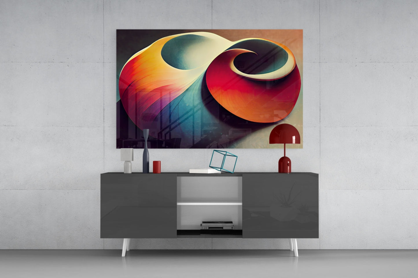 Modern living room setup with colorful abstract shell-shaped artwork displayed above gray media console with decorative accessories.