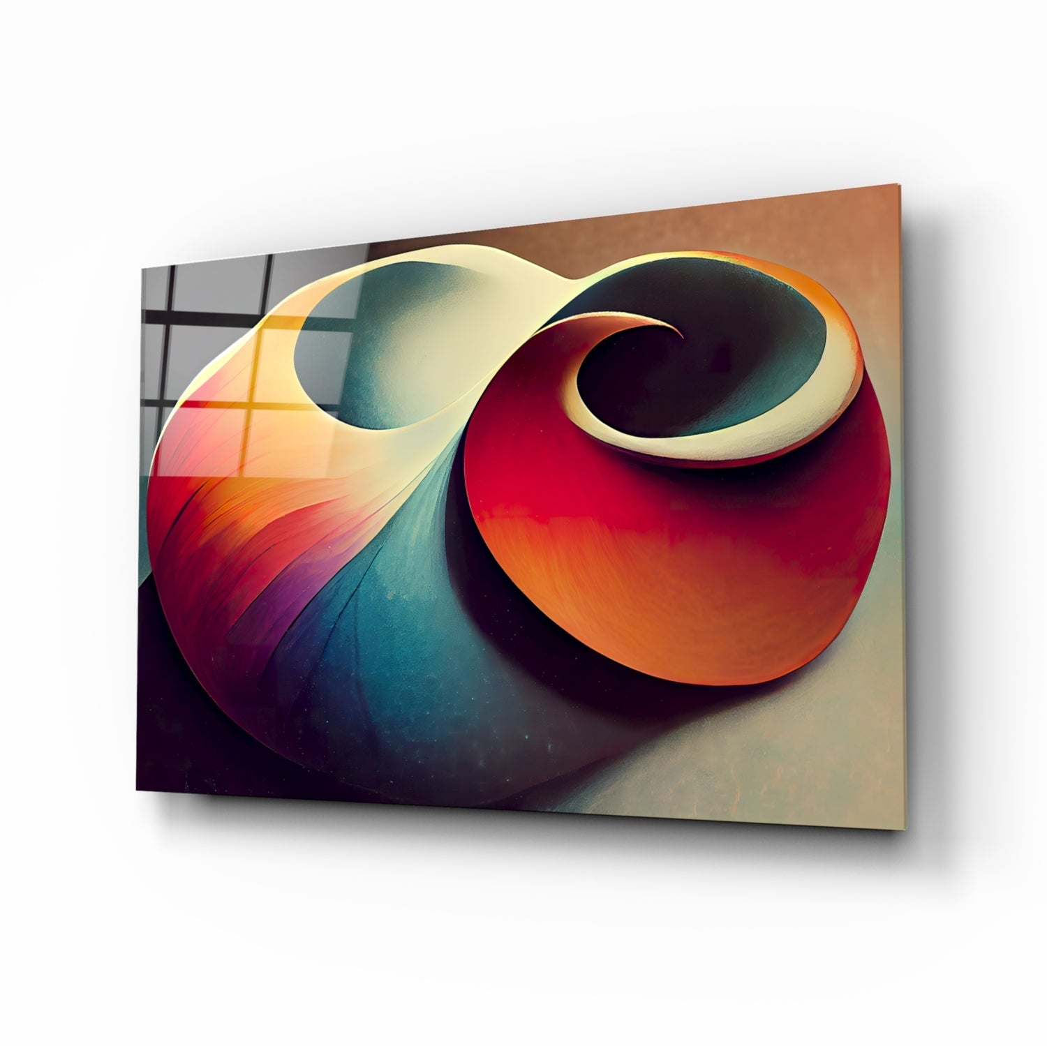 Abstract glass art panel with flowing cream and red-orange curved forms against teal and warm gradient background, displayed at angle.