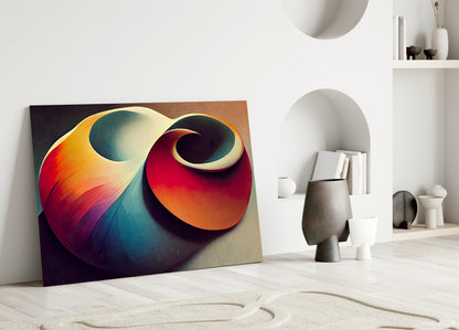 Colorful abstract art print with red, orange, and teal curved forms leaning against white interior wall with shelving.