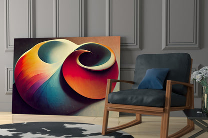 Colorful abstract Shell Glass Art displayed on floor against paneled wall beside wooden chair with black cushions.
