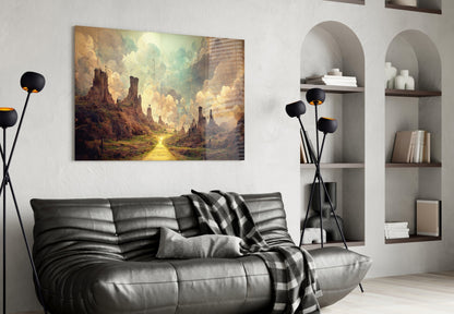 Fantasy landscape glass art depicting a golden path through towering rock formations under luminous sky, displayed above black leather sofa in modern living room.