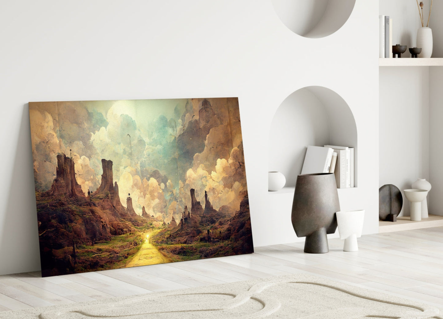 Glass art panel leaning against white wall displays golden road through fantastical canyon landscape with clouds and rock formations.
