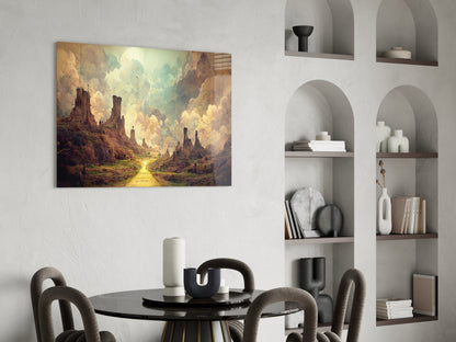 Fantasy landscape glass art depicting a golden path through towering rock formations and clouds, displayed above a black dining table.