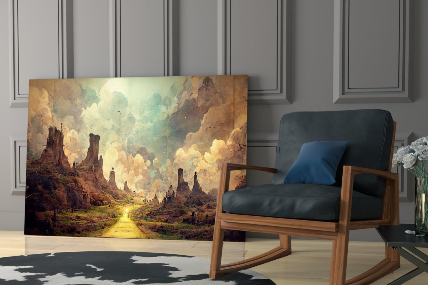 Glass art panel displaying fantasy landscape with golden light, towering rock formations, and cloudy sky, displayed in modern interior setting beside wooden chair.
